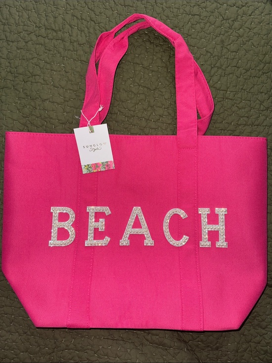 Sunglow Style Handbags - Bright Pink Rhinestone 'BEACH' Canvas Tote